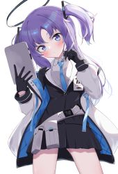 Rule 34 | 1girl, absurdres, belt, belt pouch, black gloves, blue archive, blue necktie, blush, commentary request, cowboy shot, formal, gloves, halo, highres, holding, holding tablet pc, id card, jacket, long hair, long sleeves, looking at viewer, miniskirt, multicolored clothes, multicolored jacket, necktie, off shoulder, open clothes, open jacket, parted bangs, pleated skirt, pouch, purple eyes, purple hair, shino2121, shirt, sidelocks, simple background, skirt, solo, standing, suit, tablet pc, twintails, two-tone jacket, two side up, white background, white belt, white shirt, yuuka (blue archive)