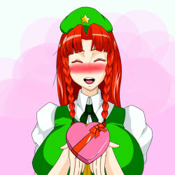 Rule 34 | 1girl, ^ ^, ascot, beret, blush, box, box of chocolates, braid, breasts, closed eyes, collared shirt, facing viewer, hat, hiku, hong meiling, large breasts, long hair, nose blush, open mouth, red hair, shirt, smile, solo, star (symbol), touhou, twin braids, valentine