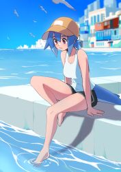 Rule 34 | 1girl, absurdres, azuumori, bare shoulders, baseball cap, black shorts, blue hair, breasts, collarbone, commentary, english commentary, feet, fins, fish tail, hair between eyes, hat, highres, looking down, mako (azuumori), medium breasts, ocean, original, partially submerged, red eyes, shark girl, shark tail, short hair, short ponytail, short shorts, shorts, sitting, solo, tail, tank top, thighs, white tank top, yellow hat
