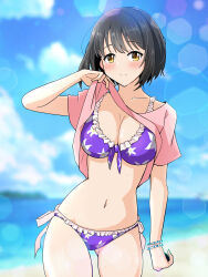 Rule 34 | 1girl, beach, bikini, black hair, blue sky, blurry, blurry background, blush, breasts, cleavage, closed mouth, cloud, collarbone, contrapposto, cowboy shot, day, dot nose, floral print, front-tie bikini top, front-tie top, hand up, highres, horizon, idolmaster, idolmaster cinderella girls, idolmaster cinderella girls starlight stage, large breasts, lens flare, looking at viewer, multiple bracelets, navel, ocean, pink shirt, print bikini, purple bikini, seven two one, shirt, shirt hold, short hair, short sleeves, side-tie bikini bottom, sky, smile, solo, standing, swimsuit, takafuji kako, yellow eyes