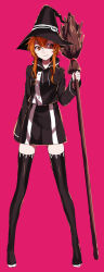 Rule 34 | 1girl, angela (arisaka ako), arisaka ako, bad id, bad pixiv id, black thighhighs, boots, broom, full body, hat, long hair, long image, long legs, original, pink background, simple background, smile, solo, standing, tall image, thigh boots, thighhighs, witch, witch hat