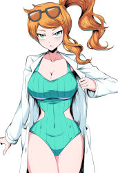 Rule 34 | 1girl, :o, adapted costume, aqua eyes, aqua one-piece swimsuit, black-framed eyewear, blush, breasts, casual one-piece swimsuit, cleavage, collarbone, covered navel, cowboy shot, creatures (company), eyewear on head, game freak, glasses, highres, lab coat, large breasts, long hair, long sleeves, nintendo, one-piece swimsuit, open clothes, open mouth, pokemon, pokemon swsh, shimure (460), side ponytail, simple background, single sidelock, solo, sonia (pokemon), sweat, swept bangs, swimsuit, thighs, v-shaped eyebrows, white background