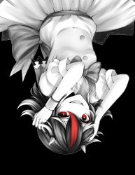Rule 34 | 1girl, bad id, bad pixiv id, black background, bow, bracelet, breasts, cone horns, dress, fangs, fingernails, half-closed eye, hands on own head, highres, horns, jewelry, kijin seija, long hair, looking at viewer, monochrome, multicolored hair, nail polish, open mouth, red eyes, red hair, red nails, sharp fingernails, sheya, short sleeves, small breasts, solo, spot color, streaked hair, teeth, tongue, touhou, uneven eyes, upside-down