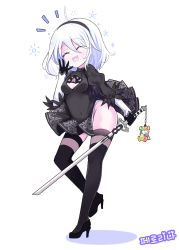 Rule 34 | 1girl, :d, ^ ^, back cutout, black dress, black footwear, black hairband, boots, breasts, cleavage cutout, closed eyes, clothes lift, clothing cutout, dress, closed eyes, feather-trimmed sleeves, hairband, high heels, highres, holding, holding sword, holding weapon, juliet sleeves, long sleeves, mole, mole under mouth, nier, nier (series), nier:automata, no blindfold, open mouth, puffy sleeves, silver hair, skirt, skirt lift, small breasts, smile, solo, sseopik, sword, thigh boots, thighhighs, thighhighs under boots, weapon, 2b (nier:automata), aged down