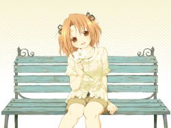 Rule 34 | 00s, 1girl, bench, flower, head tilt, highres, koshou shichimi, lily (flower), parted bangs, sister princess, sitting, solo, two side up, wallpaper, white background, yotsuba (sister princess)