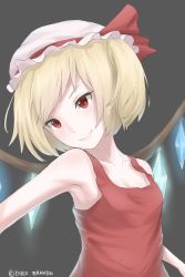Rule 34 | 1girl, alternate costume, armpits, artist name, bad deviantart id, bad id, bare arms, blonde hair, breasts, camisole, cleavage, collarbone, contemporary, crystal, disco brando, fang, flandre scarlet, glowing, grey background, hat, hat ribbon, head tilt, highres, mob cap, outstretched arm, red eyes, ribbon, shirt, short hair, side ponytail, simple background, sleeveless, small breasts, smile, solo, tank top, touhou, upper body, wings