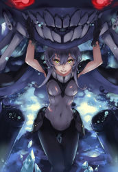 Rule 34 | 10s, 1girl, abyssal ship, bodysuit, gloves, grey hair, highres, kantai collection, looking at viewer, mitu, solo, thigh gap, underwater, wo-class aircraft carrier, yellow eyes