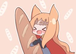 Rule 34 | &gt; &lt;, 1girl, :d, > <, animal ears, archetto (arknights), arknights, baguette, blush, bread, brown background, brown hair, cape, closed eyes, epaulettes, food, headpiece, holding, holding food, kurotofu, long hair, open mouth, outline, red cape, simple background, smile, solo, very long hair, white outline, xd