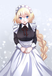Rule 34 | 1girl, :d, alternate costume, apron, blonde hair, blue eyes, blush, braid, breasts, commentary request, enmaided, fate/apocrypha, fate (series), jeanne d&#039;arc (fate), jeanne d&#039;arc (ruler) (fate), large breasts, long hair, long sleeves, looking at viewer, maid, maid headdress, neck ribbon, omizu (omz), open mouth, own hands together, red ribbon, ribbon, single braid, smile, solo, twitter username, very long hair, waist apron