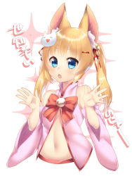 Rule 34 | 1girl, :o, absurdres, bare shoulders, bell, blonde hair, blue eyes, bow, breasts, cat hair ornament, chestnut mouth, cropped torso, detached sleeves, eyebrows, facing away, fang, fingernails, hair bell, hair ornament, hair ribbon, hairclip, highres, jingle bell, kemomimi oukoku kokuei housou, long hair, long sleeves, looking at viewer, midriff, mikoko (kemomimi oukoku kokuei housou), navel, palms, pink shirt, red bow, red ribbon, ribbon, shirt, small breasts, solo, sparkle, stomach, tongue, turtleneck, twintails, virtual youtuber, white background, wide sleeves, yutazou