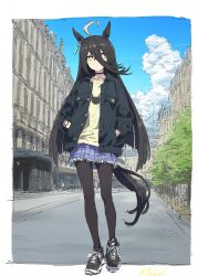 Rule 34 | 1girl, 7kussa, absurdres, ahoge, alternate costume, animal ears, black choker, black footwear, black hair, black jacket, black pantyhose, blue skirt, blue sky, border, choker, closed mouth, cloud, cloudy sky, commentary request, earrings, full body, hair between eyes, hands in pockets, highres, horse ears, horse girl, horse tail, jacket, jewelry, long hair, looking at viewer, manhattan cafe (umamusume), multicolored hair, open clothes, open jacket, outdoors, pantyhose, plaid, plaid skirt, road, shirt, shoes, single earring, skirt, sky, sneakers, solo, streaked hair, street, tail, tree, umamusume, very long hair, watch, white border, white hair, white shirt, wristwatch, yellow eyes