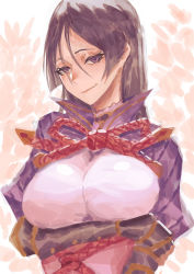 Rule 34 | 1girl, bodysuit, bracer, breast hold, breasts, closed mouth, commentary request, fate/grand order, fate (series), large breasts, long hair, looking at viewer, minamoto no raikou (fate), pink background, pink bodysuit, puffy sleeves, purple eyes, purple hair, smile, smug, solo, upper body, zakusi