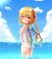 Rule 34 | 1girl, ass, blonde hair, blush, cloud, crystal, day, flandre scarlet, hair ribbon, hand on own chest, kuro (baseball0000), looking at viewer, looking back, no headwear, no headwear, one-piece swimsuit, red eyes, ribbon, school swimsuit, side ponytail, sky, solo, swimsuit, touhou, water, wet, white school swimsuit, white one-piece swimsuit, wings