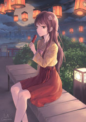 Rule 34 | 1girl, artist name, brown eyes, brown hair, closed mouth, commentary request, eating, flower, food, from side, hair flower, hair ornament, hakama, hakama skirt, highres, holding, holding food, japanese clothes, la campanella, lantern, long hair, long sleeves, looking at viewer, night, original, outdoors, red hakama, sitting, skirt, solo