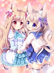 Rule 34 | 2girls, :d, animal ear fluff, animal ears, bell, blue eyes, blue neckwear, blue sailor collar, blue skirt, blush, bow, brown hair, chestnut mouth, commentary request, crossover, dress, fang, flower, fox ears, fox girl, fox tail, frilled dress, frilled skirt, frills, hair bell, hair bow, hair flower, hair ornament, highres, holding hands, jingle bell, kinari momiji, light brown hair, long hair, long sleeves, looking at viewer, looking back, lump of sugar, mito kohaku, multiple girls, open mouth, parted lips, plaid neckwear, pleated skirt, purple bow, red bow, red eyes, red flower, ryuuka sane, sailor collar, shirt, skirt, smile, standing, standing on one leg, tail, tail raised, tayutama 2, thighhighs, very long hair, white dress, white legwear, white shirt, yorite konoha wa kurenai ni