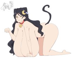 Rule 34 | 1girl, all fours, ass, black hair, breasts, cat bell, cat tail, cleavage, collarbone, gigantic breasts, hair intakes, hanging breasts, highres, kiratto pri chan, lips, long hair, luluna (pri chan), nude, pretty series, raised eyebrows, sabanotami, solo, sweatdrop, tail, thighs, yellow eyes