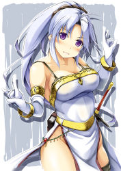 Rule 34 | 1girl, \n/, bare shoulders, belly chain, book, bracelet, breasts, cleavage, collarbone, double \n/, dress, elbow gloves, fire emblem, fire emblem: genealogy of the holy war, gloves, grin, groin, highres, jewelry, kai yuuki, large breasts, looking at viewer, nintendo, pelvic curtain, ponytail, purple eyes, sheath, sheathed, side slit, silver hair, simple background, sleeveless, sleeveless dress, smile, solo, sword, tailtiu (fire emblem), weapon, white gloves