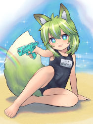 Rule 34 | 1girl, :d, animal ear fluff, animal ears, bare arms, bare legs, bare shoulders, barefoot, beach, black sweater, blue eyes, breasts, commentary request, full body, hair between eyes, highres, holding, looking at viewer, m.m, multicolored hair, name tag, old school swimsuit, on ground, one-piece swimsuit, open mouth, original, rainbow, sand, school swimsuit, short eyebrows, small breasts, smile, solo, sparkle, streaked hair, sweater, swimsuit, tail, thick eyebrows, water, water gun, white hair