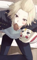 Rule 34 | 1boy, absurdres, bad id, bad twitter id, black eyes, black jacket, black pants, blonde hair, clqndb 27, couch, cowboy shot, dorayaki, food, food in mouth, forehead, highres, jacket, jacket on shoulders, looking at viewer, looking up, male focus, mouth hold, pants, sano manjirou, shirt, short hair, sitting, solo, stuffed toy, tokyo revengers, tsurime, updo, wagashi, white shirt
