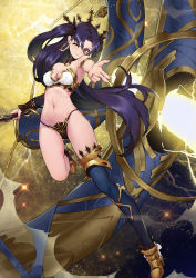 Rule 34 | 1girl, :3, bare shoulders, black hair, breasts, cleavage, commentary request, cro (artist), earrings, energy, fate/grand order, fate (series), hair ribbon, highres, hoop earrings, ishtar (fate), jewelry, long hair, looking at viewer, medium breasts, pointing, pointing at viewer, red eyes, ribbon, single thighhigh, smile, solo, thighhighs, two side up