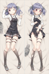 Rule 34 | 10s, 1girl, ;), arm up, bakugadou, bed sheet, belt, black dress, black footwear, black socks, blue hair, blush, breasts, closed mouth, collared shirt, dakimakura (medium), dress, eyebrows, full body, green ribbon, groin, hair ribbon, kantai collection, kneehighs, knees together feet apart, long sleeves, looking at viewer, lying, mary janes, multiple views, navel, no shoes, on back, one eye closed, ooshio (kancolle), open mouth, pinafore dress, purple eyes, remodel (kantai collection), ribbon, see-through, shirt, shoes, sleeveless, sleeveless dress, small breasts, smile, socks, thigh strap, torn belt, torn clothes, torn dress, torn legwear, torn shirt, torn socks, twintails, v over eye, white shirt
