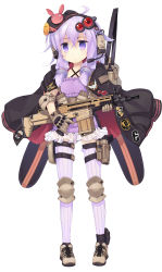 Rule 34 | 1girl, assault rifle, blue eyes, blue hair, dress, elbow pads, fn scar, full body, gloves, gun, handgun, headphones, highres, holster, knee pads, low twintails, matching hair/eyes, muzzle device, nanaroku (fortress76), pistol, purple eyes, purple hair, rifle, shoes, simple background, solo, standing, tactical gloves, tactical shoes, thigh holster, thigh strap, thighhighs, twintails, vocaloid, voiceroid, weapon, white background, white thighhighs, yuzuki yukari