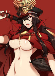 Rule 34 | &gt;:d, 1girl, :d, black hair, breasts, cape, fate/grand order, fate (series), groin, hair between eyes, hat, katana, koha-ace, large breasts, long hair, military hat, naked cape, navel, oda nobunaga (fate), oda nobunaga (koha-ace), aged up, open mouth, out-of-frame censoring, peaked cap, red eyes, rokuji, sheath, sheathed, sidelocks, smile, solo, stomach, sword, underboob, v-shaped eyebrows, weapon