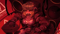 Rule 34 | 1girl, bodysuit, breasts, cleavage, cockpit, commentary, controller, crying, english commentary, gloves, green hair, headphones, highres, indie virtual youtuber, joystick, large breasts, open mouth, red light, reycall, runny makeup, scared, scarf, sitting, solo, torn bodysuit, torn clothes, virtual youtuber