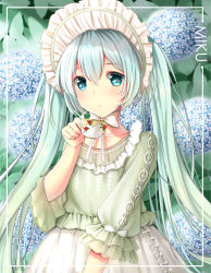 Rule 34 | 1girl, absurdres, aqua eyes, aqua hair, bonnet, character name, chin strap, cup, floral background, flower, frilled sleeves, frills, hatsune miku, highres, holding, holding cup, hydrangea, lolita fashion, long hair, looking at viewer, rhode, skirt, solo, teacup, twintails, very long hair, vocaloid