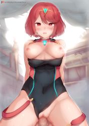 Rule 34 | 1boy, 1girl, arms behind back, bare shoulders, blush, breasts, censored, competition swimsuit, covered navel, hetero, highres, jewelry, kimoshi, large breasts, looking at viewer, mosaic censoring, nintendo, nipples, one-piece swimsuit, open mouth, penis, pussy, pyra (pro swimmer) (xenoblade), pyra (xenoblade), red eyes, red hair, sex, short hair, solo focus, swept bangs, swimsuit, tiara, vaginal, xenoblade chronicles (series), xenoblade chronicles 2