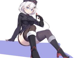 Rule 34 | 1girl, arm support, black gloves, black sweater, black thighhighs, blue eyes, blush, boots, breasts, gloves, hair ornament, hairclip, high heel boots, high heels, highres, large breasts, long sleeves, looking at viewer, nyum, parted lips, partially fingerless gloves, ribbed sweater, short hair, sitting, solo, steelblue mirage, sweater, thighhighs, turtleneck, turtleneck sweater, white hair