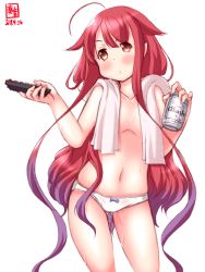 Rule 34 | 1girl, ahoge, artist logo, asahi breweries, asymmetrical bangs, beer can, blush, brand name imitation, can, commentary request, controller, cowboy shot, dated, drink can, flat chest, gluteal fold, hair ribbon, hairband, highres, kanon (kurogane knights), kantai collection, kawakaze (kancolle), kawakaze kai ni (kancolle), long hair, low twintails, panties, pointy ears, red hair, remote control, ribbon, sidelocks, simple background, solo, topless, towel, towel around neck, twintails, underwear, underwear only, very long hair, wet, white background, white panties, white towel