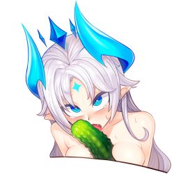 Rule 34 | 1girl, 3gs, absurdres, between breasts, blush, breasts, collarbone, crown, cucumber, elsword, fang, highres, horns, ishtar (elsword), long hair, luciela r. sourcream, pointy ears, sexually suggestive, sweat, symbol, tears, topless, white hair