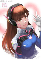 Rule 34 | 1girl, animal print, blue bodysuit, bodysuit, breasts, brown eyes, brown hair, character name, d.va (overwatch), facepaint, facial mark, gloves, headphones, high collar, highres, light smile, long hair, looking at viewer, overwatch, overwatch 1, pilot suit, pink lips, rabbit print, ribbed bodysuit, shoulder pads, signature, skin tight, small breasts, solo, swept bangs, upper body, whisker markings, white gloves, yona (pixiv12827103)