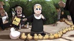 Rule 34 | 4girls, :&lt;, :d, @ @, aged down, autumn leaves, beret, bird, black footwear, blonde hair, blue eyes, brown eyes, brown hair, bush, chick, chicken, clumsy nun (diva), commentary, diva (hyxpk), drawing, duck, duckling, english commentary, flag, food, froggy nun (diva), fruit, goose, habit, hat, highres, holding, holding flag, lemon, little nuns (diva), mole (animal), multiple girls, notepad, nun, odd one out, open mouth, pointing, pointing at self, red hat, riding tricycle, smile, spicy nun (diva), star nun (diva), star ornament, thumbs up, traditional nun, tricycle, yellow eyes