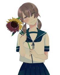 Rule 34 | 10s, 1girl, blouse, brown eyes, collared shirt, flower, itomagoi, kantai collection, low twintails, neckerchief, parted bangs, sailor collar, school uniform, serafuku, shirayuki (kancolle), shirt, simple background, skirt, smile, solo, sunflower, tanaka io (craftstudio), twintails