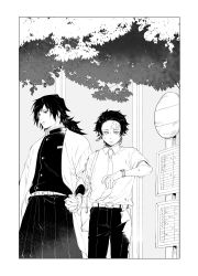 Rule 34 | 2boys, absurdres, anachronism, bag, belt, border, bus stop, collarbone, cowboy shot, day, demon slayer uniform, earrings, greyscale, haori, height difference, highres, holding hands, japanese clothes, jewelry, kamado tanjirou, kimetsu no yaiba, long hair, long sleeves, male focus, monochrome, multiple boys, necktie, outdoors, pants, plant, scar, scar on face, scar on forehead, school bag, school uniform, shiki 2589, short hair, side-by-side, standing, sweat, tomioka giyuu, watch, wide sleeves, wristwatch
