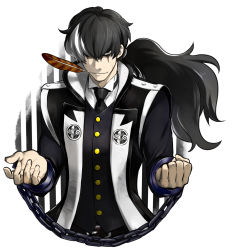 Rule 34 | 1boy, ace attorney, black hair, capcom, cuffs, feathers, hair over one eye, handcuffs, highres, jacket, long hair, male focus, mikami, mouth hold, multicolored hair, necktie, phoenix wright: ace attorney - dual destinies, ponytail, simon blackquill, solo, two-tone hair, white hair