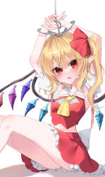 Rule 34 | 1girl, absurdres, adapted costume, armpits, arms up, ascot, ass, back bow, bdsm, blonde hair, blush, bondage, bound, bound wrists, bow, breasts, chain, chained, crystal, cuffs, detached sleeves, eyes visible through hair, feet out of frame, flandre scarlet, hair between eyes, highres, long hair, looking at viewer, midriff, navel, no headwear, one side up, open mouth, petticoat, pointy ears, red bow, red eyes, red skirt, rori82li, shackles, short sleeves, simple background, sitting, skirt, small breasts, solo, thighs, touhou, vest, white background, white bow, wings, yellow ascot