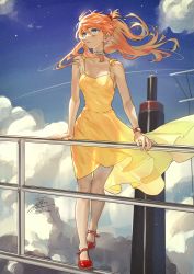 Rule 34 | 1girl, arm support, blue choker, blue eyes, blue sky, breasts, choker, cloud, day, dress, fadingz, full body, hair between eyes, highres, long hair, looking away, looking to the side, medium breasts, neon genesis evangelion, orange hair, outdoors, pixiv id, red footwear, shoes, signature, sky, sleeveless, sleeveless dress, souryuu asuka langley, sundress, two side up, very long hair, watch, wide hips, wind, yellow dress