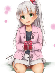 Rule 34 | 1girl, :d, akino shuu, anchor hair ornament, black shirt, bow, box, commentary request, full body, gift, gift box, green eyes, hair bow, hair ornament, heart, heart hair ornament, holding, holding gift, jacket, kantai collection, long hair, long sleeves, looking at viewer, maestrale (kancolle), no shoes, one side up, open clothes, open jacket, open mouth, panties, pink jacket, red bow, shirt, silver hair, sitting, skirt, smile, socks, solo, striped clothes, striped panties, twitter username, underwear, very long hair, wariza, white background, white skirt, white socks