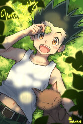 Rule 34 | 1boy, absurdres, birthday, brown eyes, cat, child, clover, commentary request, four-leaf clover, from above, gon freecss, happy birthday, highres, hunter x hunter, looking at viewer, looking up, lying, male focus, nature, navel, on back, shine cheese, sketch, tank top, teeth, upper teeth only