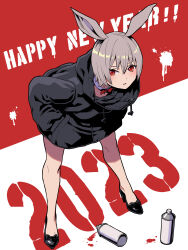 Rule 34 | 1girl, 2023, animal ears, text background, black coat, black footwear, brown hair, chinese zodiac, coat, commentary, drawstring, english text, full body, happy new year, high heels, highres, hood, hood down, hooded coat, leaning forward, long sleeves, looking at viewer, new year, original, parted lips, rabbit ears, rabbit girl, red eyes, solo, spray can, standing, ume (yume uta da), year of the rabbit
