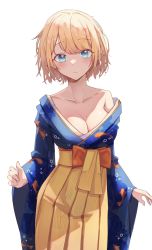 Rule 34 | 1girl, absurdres, animal print, blonde hair, blue eyes, blue kimono, blush, breasts, cleavage, closed mouth, collarbone, commentary, cowboy shot, english commentary, fish print, hakama, highres, hololive, hololive english, japanese clothes, kimono, koi, large breasts, looking at viewer, mole, mole on breast, obi, off shoulder, official alternate costume, revision, sash, shironekokfp, short hair, simple background, single bare shoulder, solo, virtual youtuber, watson amelia, watson amelia (new year), white background, wide sleeves