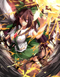 Rule 34 | 1girl, arm cannon, bird wings, black hair, black wings, bow, breasts, cape, energy ball, grin, hair bow, large breasts, light trail, red eyes, reiuji utsuho, shirt, short sleeves, skirt, smile, solo, symbol-shaped pupils, third eye, touhou, uumenn, weapon, wings