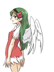 Rule 34 | 1girl, blush, green eyes, green hair, long hair, looking at viewer, matching hair/eyes, open mouth, simple background, smile, solo, white background, wings, yudepii