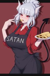 Rule 34 | 1girl, absurdres, apron, black apron, black background, black tail, blush, breasts, demon girl, demon horns, demon tail, eating, food, food on face, gloves, helltaker, highres, holding, holding plate, horns, large breasts, long hair, looking at viewer, lucifer (helltaker), mole, mole under eye, pancake, plate, red background, red eyes, red shirt, ruberule, shirt, solo, tail, two-tone background, white hair, white horns