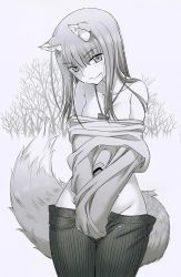 Rule 34 | 1girl, animal ear fluff, animal ears, blush, breasts, cleavage, closed mouth, collarbone, fang, fang out, greyscale, groin, hair between eyes, highres, holo, koume keito, long hair, lowleg, lowleg pants, monochrome, official art, outdoors, pants, pouch, small breasts, smile, solo, spice and wolf, straight hair, tail, undressing, wolf ears, wolf tail