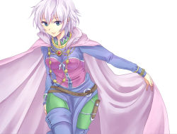 Rule 34 | 1girl, blue eyes, boots, breasts, cape, capelet, cleavage, commentary request, katrina (romancing saga), light purple hair, medium breasts, migime1, romancing saga 3, saga, short hair, smile, solo, thigh boots, thighhighs