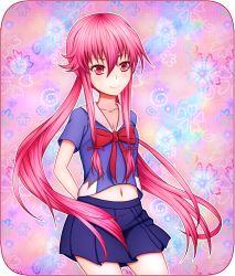 Rule 34 | 1girl, arms behind back, blue shirt, blue skirt, bow, bowtie, breasts, bysc, cleavage, collarbone, gasai yuno, hair ribbon, highres, long hair, midriff, mirai nikki, navel, pink eyes, pink hair, pleated skirt, red bow, red ribbon, ribbon, school uniform, shirt, skirt, small breasts, smile, solo, twintails
